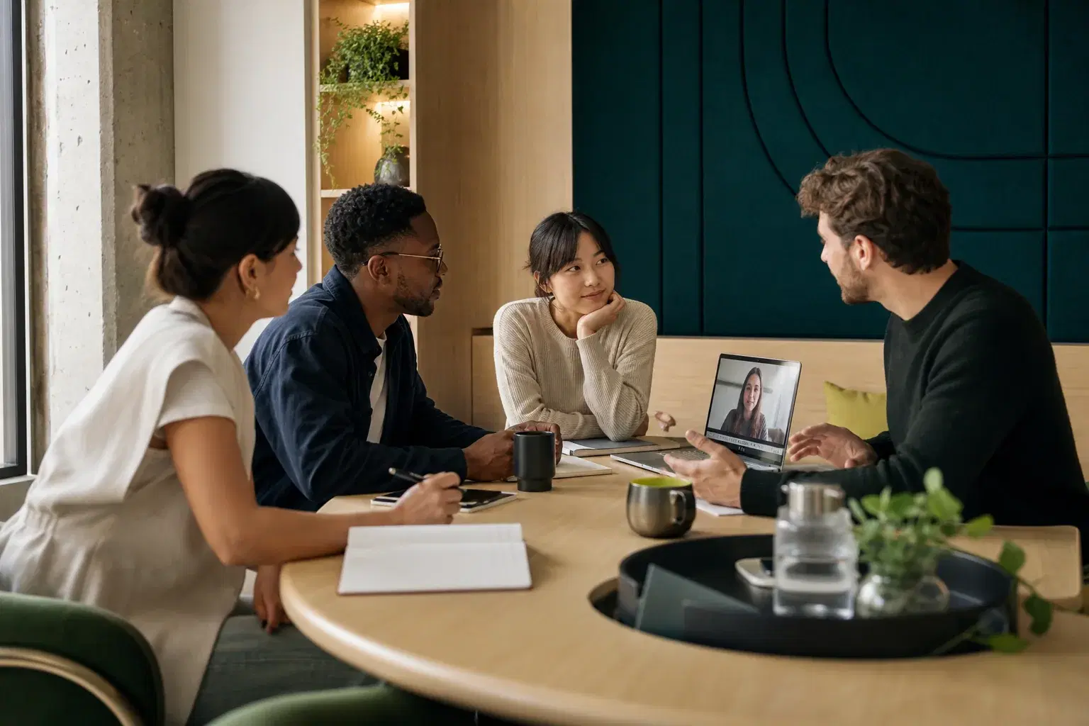 A hybrid team collaborating around a table with a remote colleague